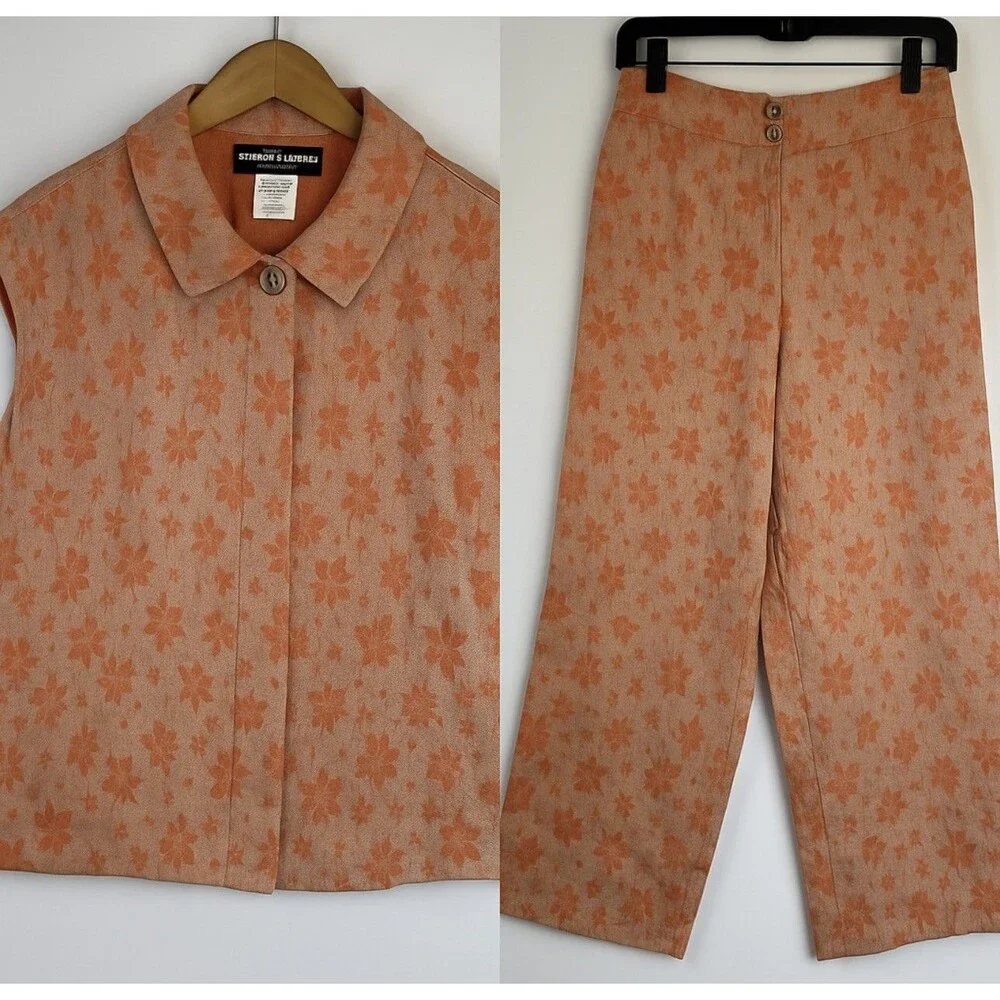 Benard Holtzman Shirt Pants Set Womens 8P Orange Floral Linen Petite‎ Lined Suit